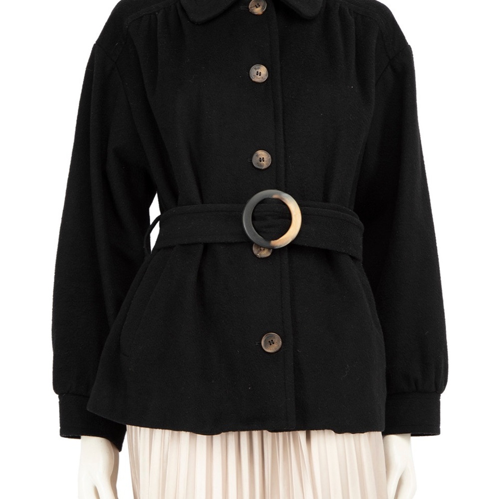 Round Black Belted Wool Women's Jacket
